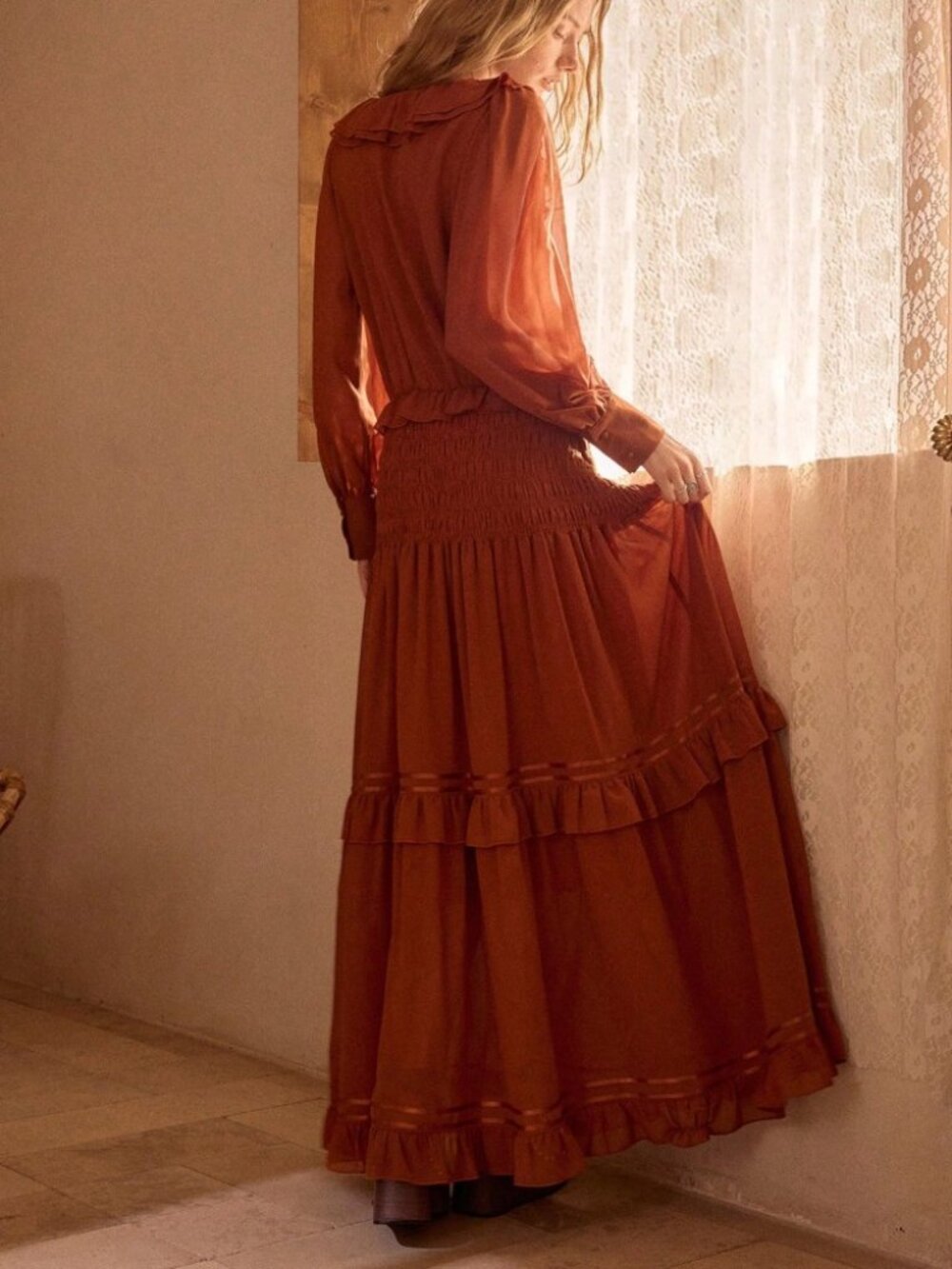 Rust Brown Ruffle Collar Smocked Maxi Dress - Picture 7 of 7